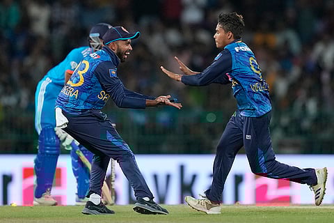 Dunith Wellalage celebrates the wicket of Axar Patel